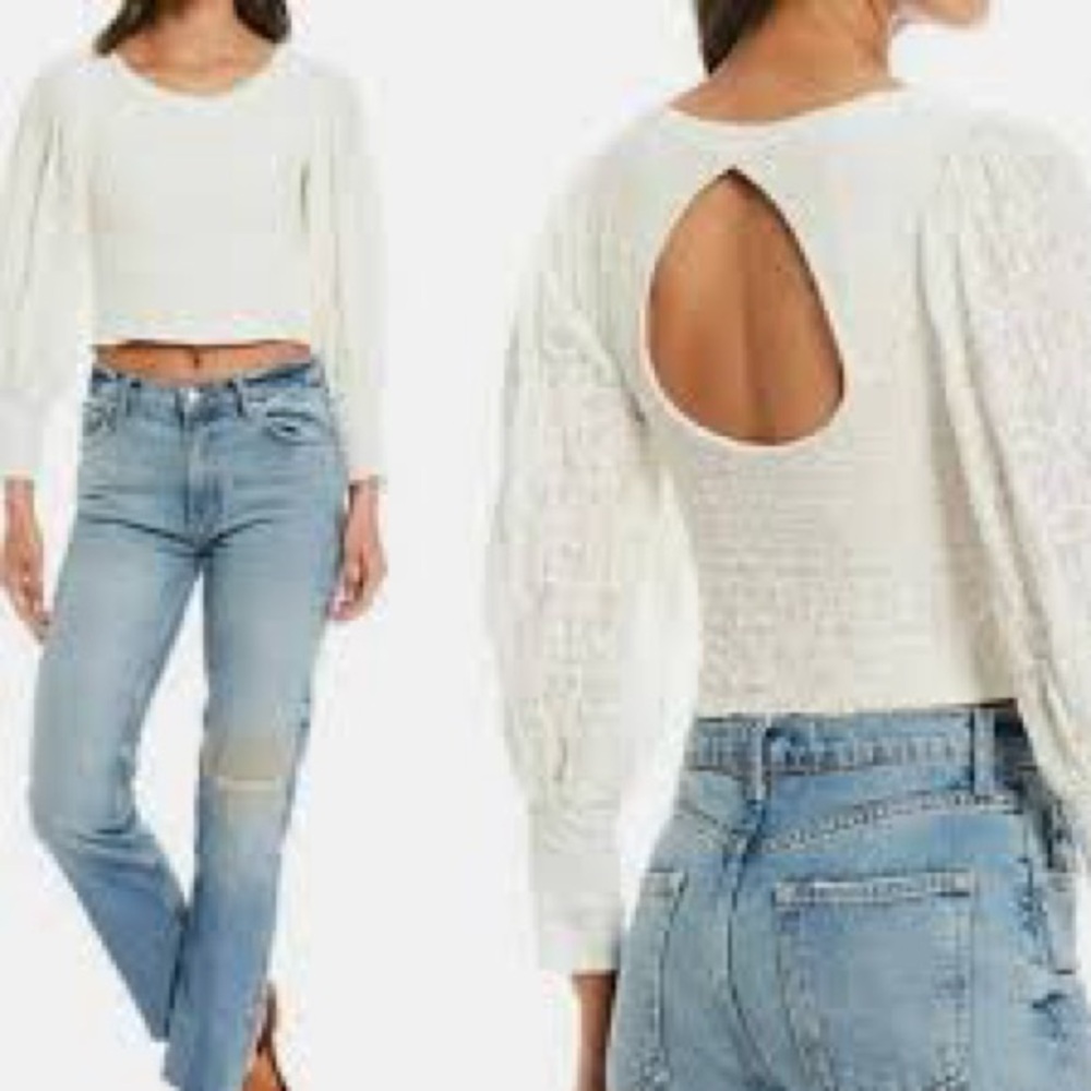 Free People Tea Time Stretch Lace Balloon Sleeve Keyhole Back Top